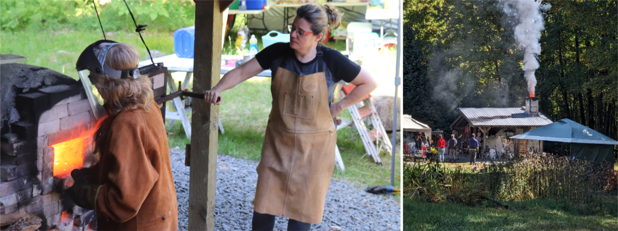 Two photos: on the left, a woman (me) wearing a leather apron holds the kiln door open for another woman (Robin Hutchinson) who is wearing a face shield and a suede welder's jacket as she throws wood into the Goregama. On the right, a view of the Goregama kiln with flames and smokes coming out its chimney.