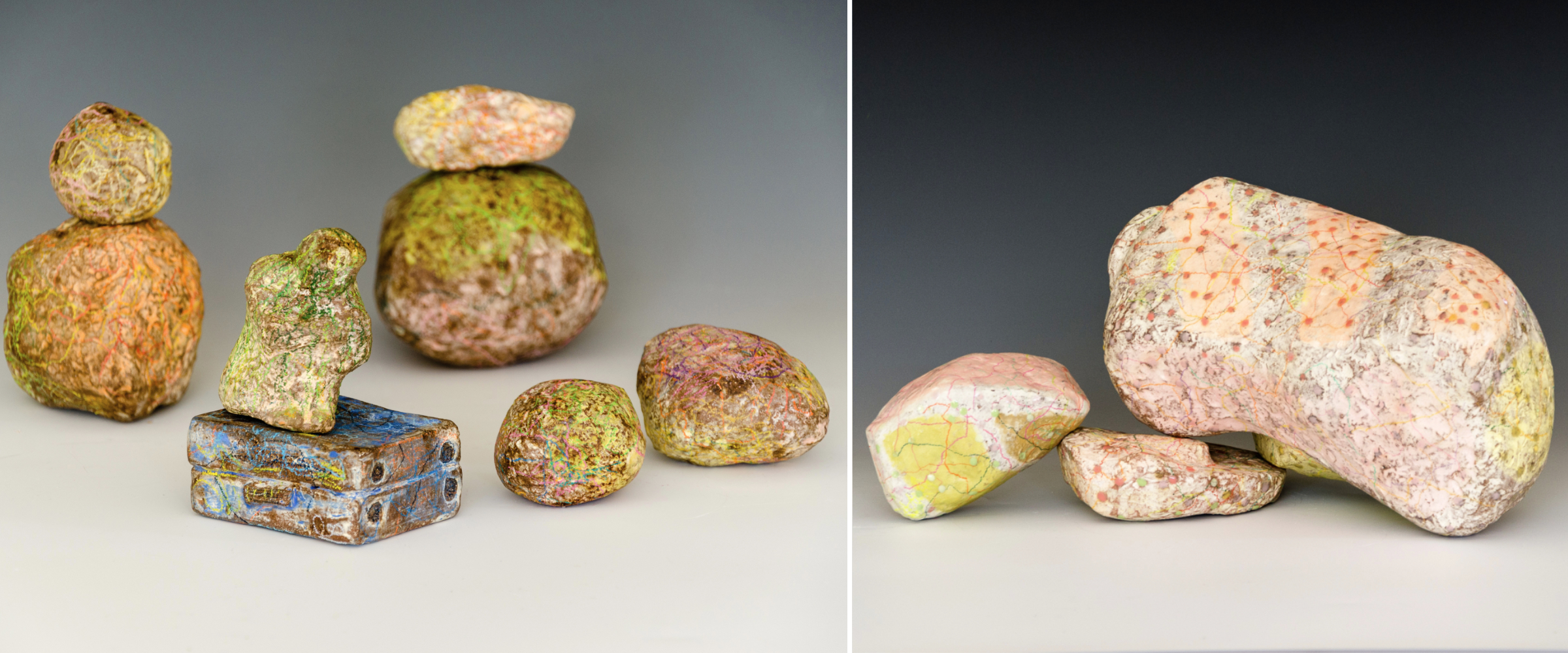 Two photos of smaller Erratic sculptures in softer tones. These sets are meant to talk about how the boulders can be a metaphor for force human displacement.