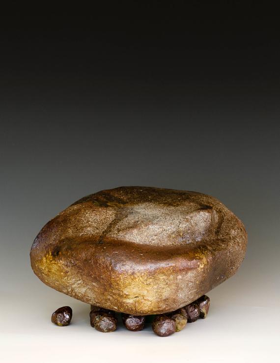 FLAT ROCK PARADE (2024) Red stoneware, flashing slips, natural ash glaze from wood firing. Comes with 12 1-inch accessory “stones” to arrange freely.