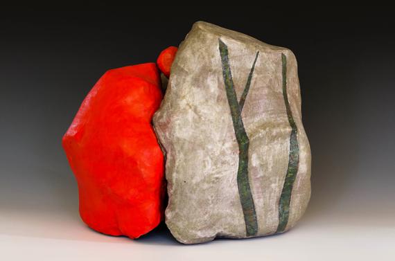 REFUGE (red anorak) (2022) Red stoneware, underglaze, glaze, 3 firings. Cold work. First piece in the Erratics series.